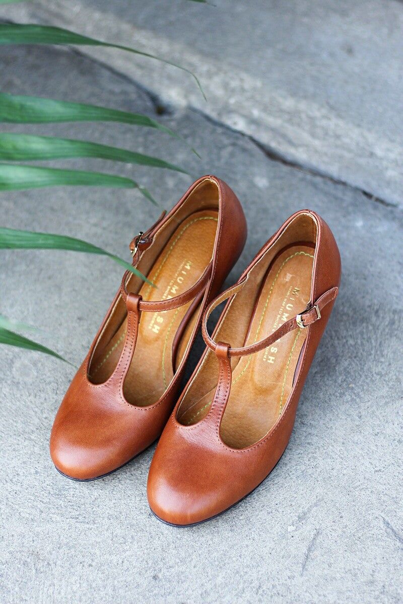 Tacones de piel hechos a mano (5.5 cm) -Astrid - Marrón coñac 35-42