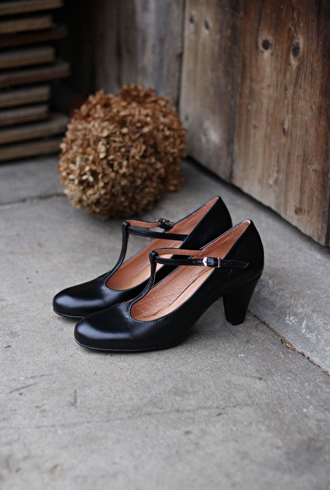 Tacones de piel hechos a mano (5.5 cm) - Astrid - Zapatos Vintage Negros 35-42