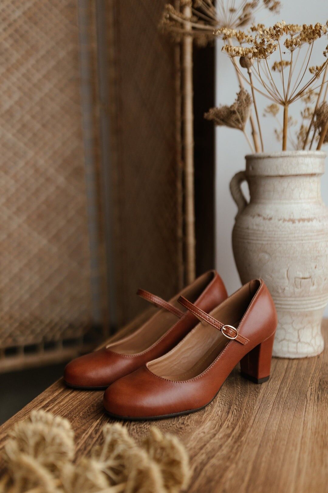 Tacones de piel hechos a mano (6 cm) - Aurelia - Zapatos vintage marrón coñac 35-42