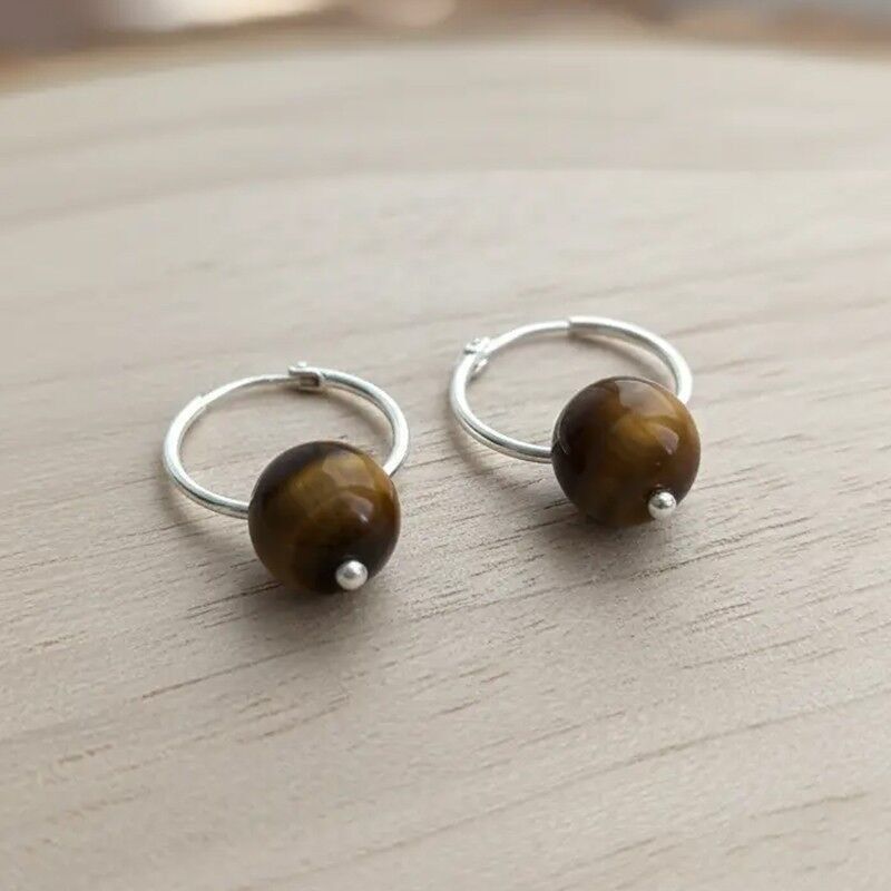 Ojo de tigre - Pendientes aro plata y piedra 8mm