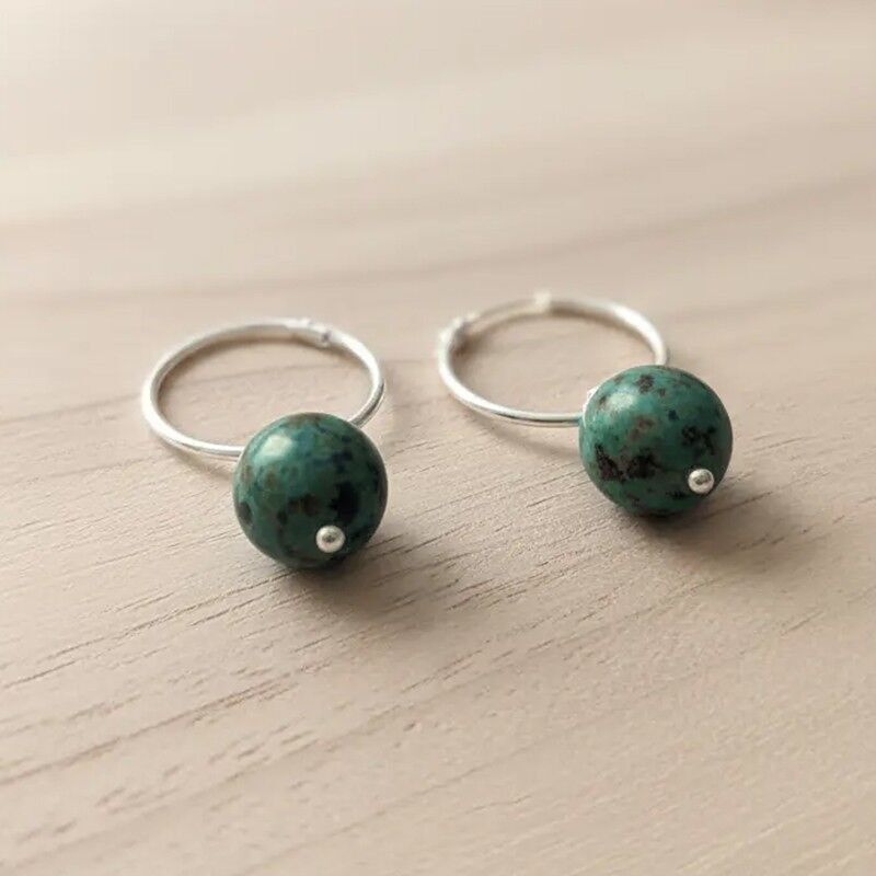 Boucles d'oreilles créoles en argent et pierre de 8 mm, turquoise africaine