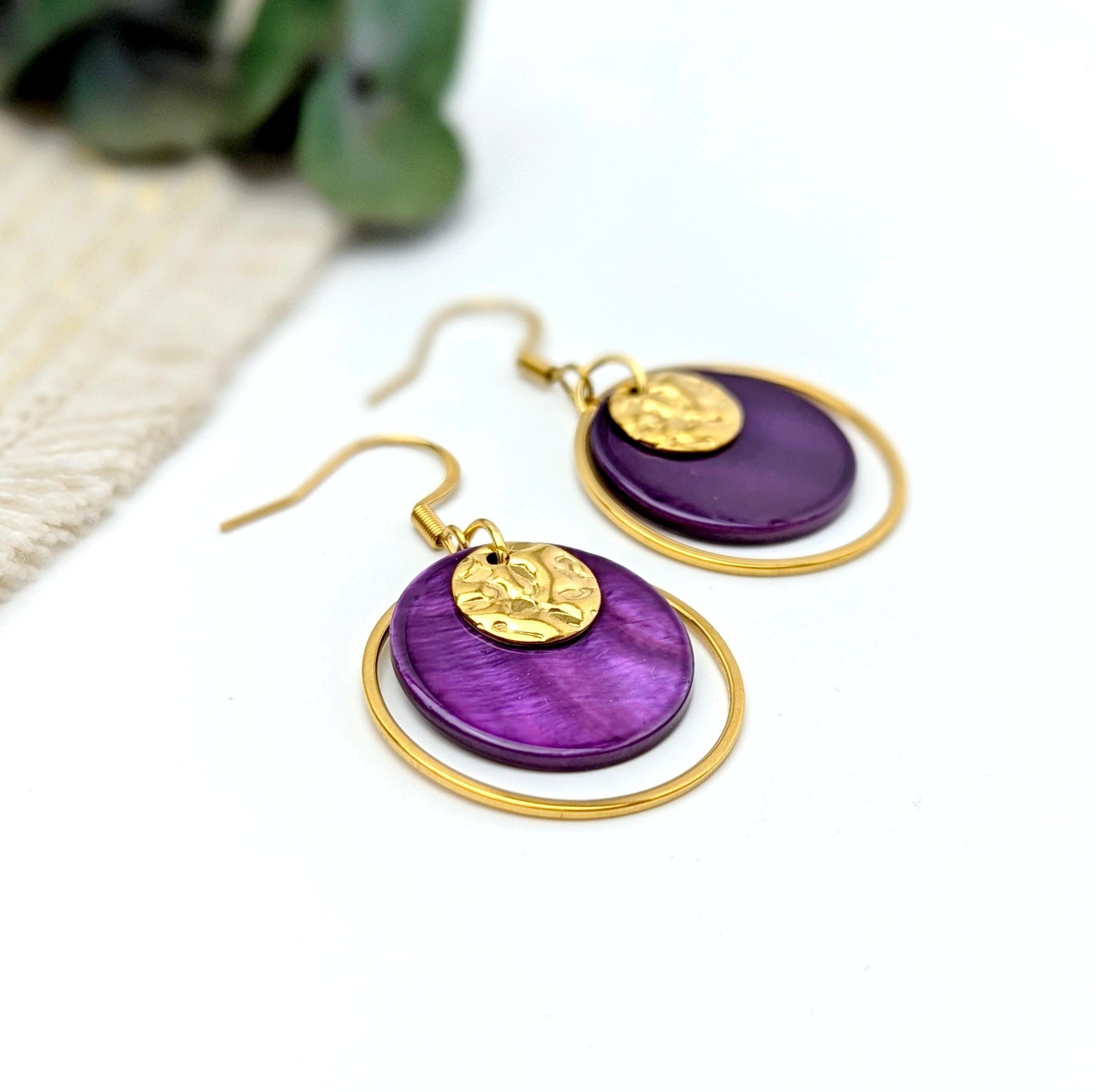 Orecchini da donna in madreperla viola e acciaio inossidabile