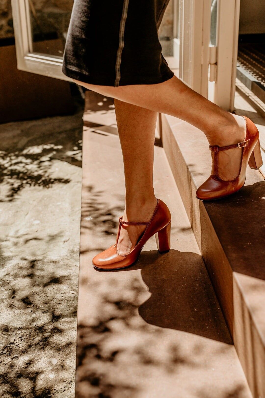 Tacones de piel hechos a mano (8 cm) - Greta - Zapatos vintage marrón coñac 35-42