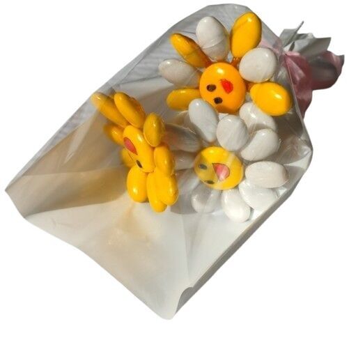 Mini ramo de 3 flores Smiley, 2 colores lisos y 1 color blanco en grageas de chocolate