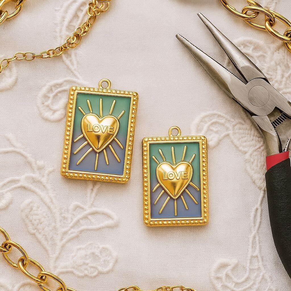 Gold Rectangular Charms with Heart and the Word "LOVE"