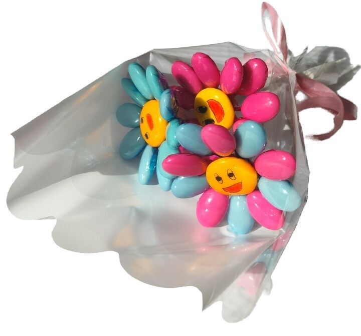 Mini ramo de 3 flores sonrientes, 2 colores lisos y 1 con 2 colores alternados en grageas de chocolate