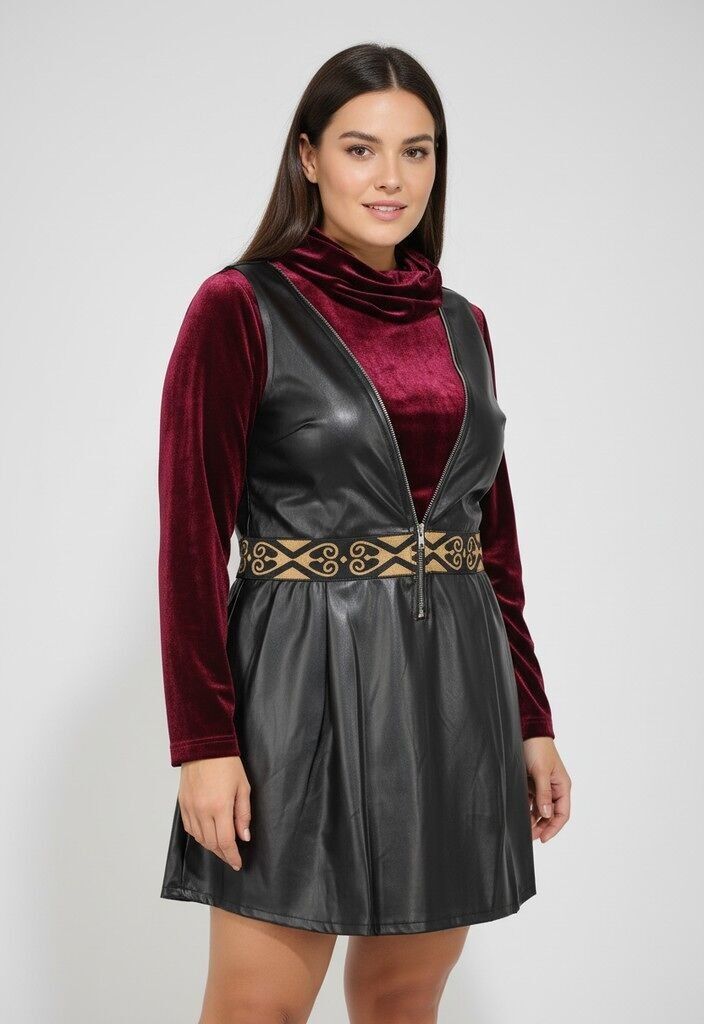 Burgunderrotes Kleid aus Kunstleder und Samt in Übergröße (A397)