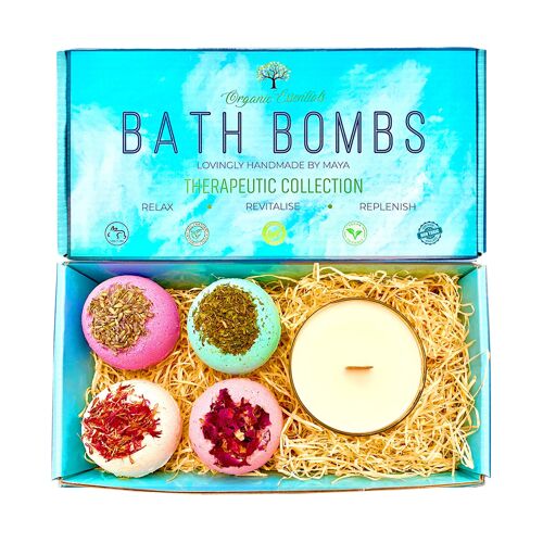 Therapeutic Bath Bomb Gift Set and Coconut & Monoi Scented Candle with Wood Wick