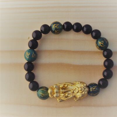 Gemstone bracelet made of black onyx, engraved green jade and gold dragon