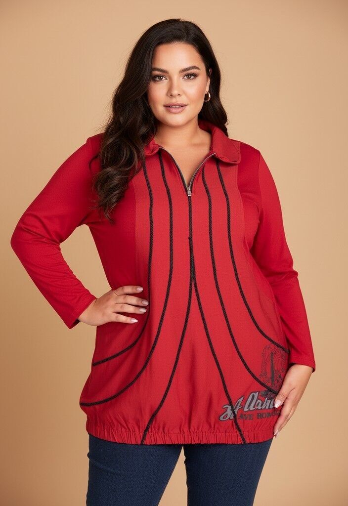 Tunique rouge grande taille avec nervures et imprimé (A560)