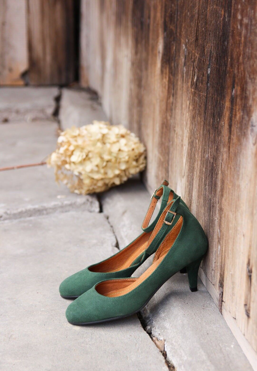 Handgefertigte Wildlederabsätze (6 cm) - Elena - Grüne Vintage Schuhe 35-42