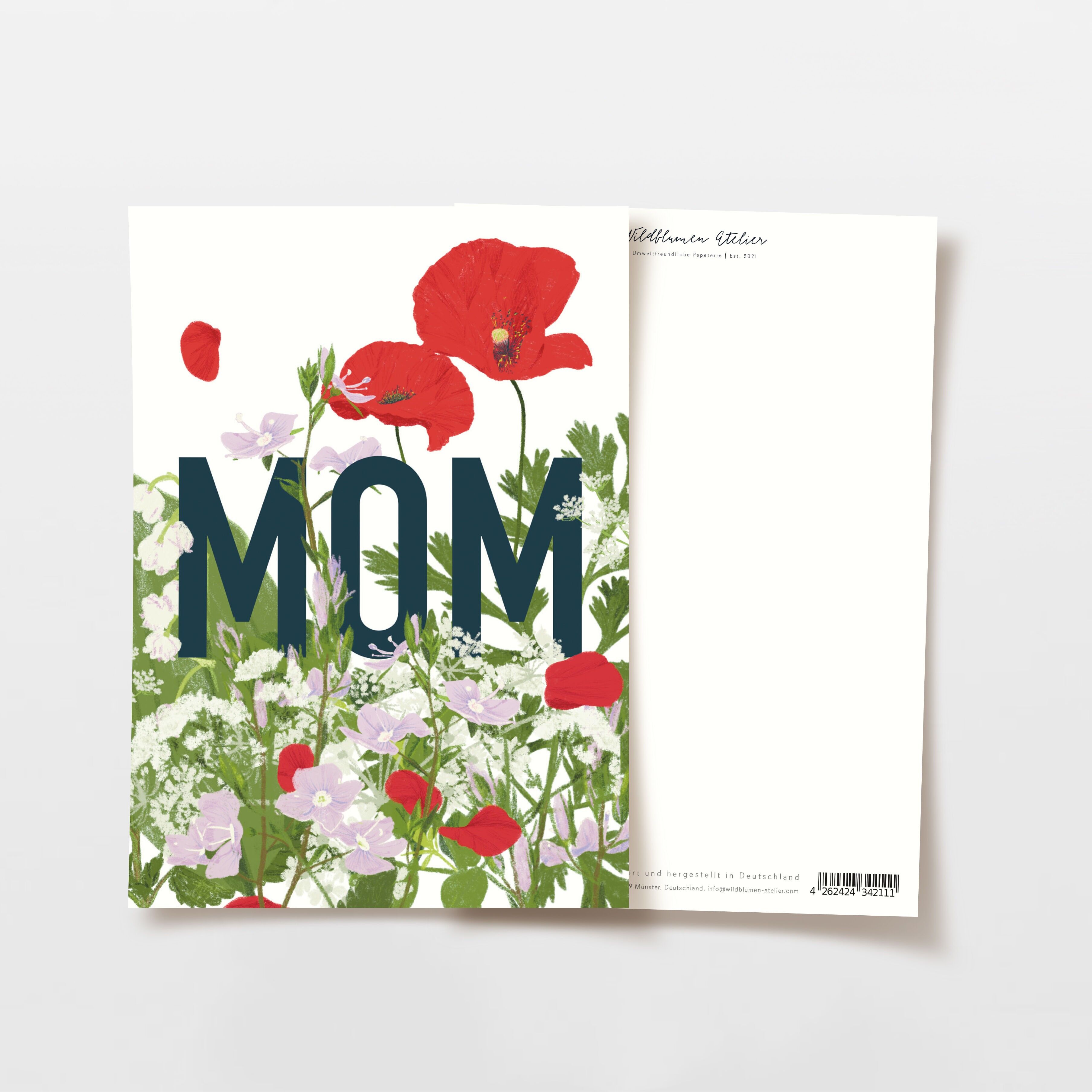 Biglietto per la festa della mamma MAMMA con fiori rossi e viola chiaro