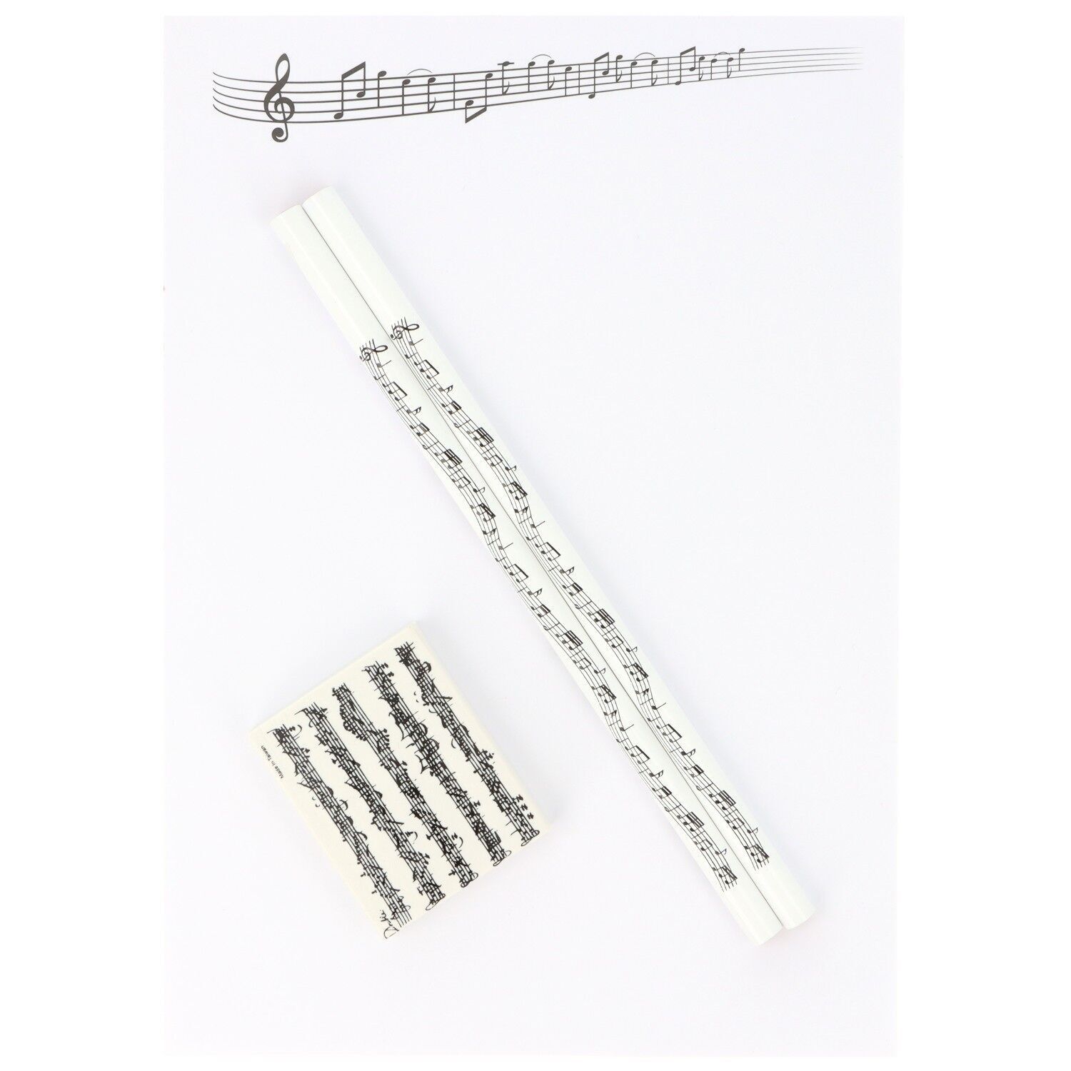 Juego de escritura con bloc de notas A5, lápices y borrador - motivo: pentagrama musical