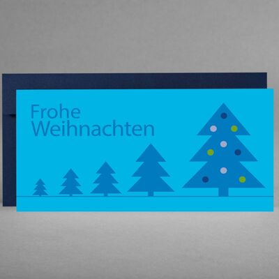 MYSTISCH: 5 Weihnachtskarten "Blaue Weihnachtsbäume auf Cyan" inkl. Kuverts