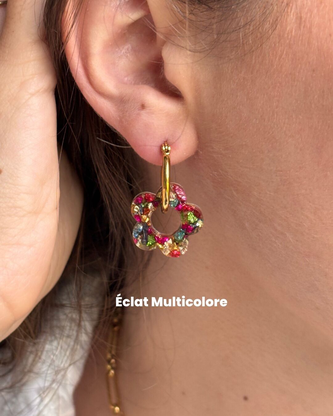 Medium flower earrings - gold hoops & resin tassels