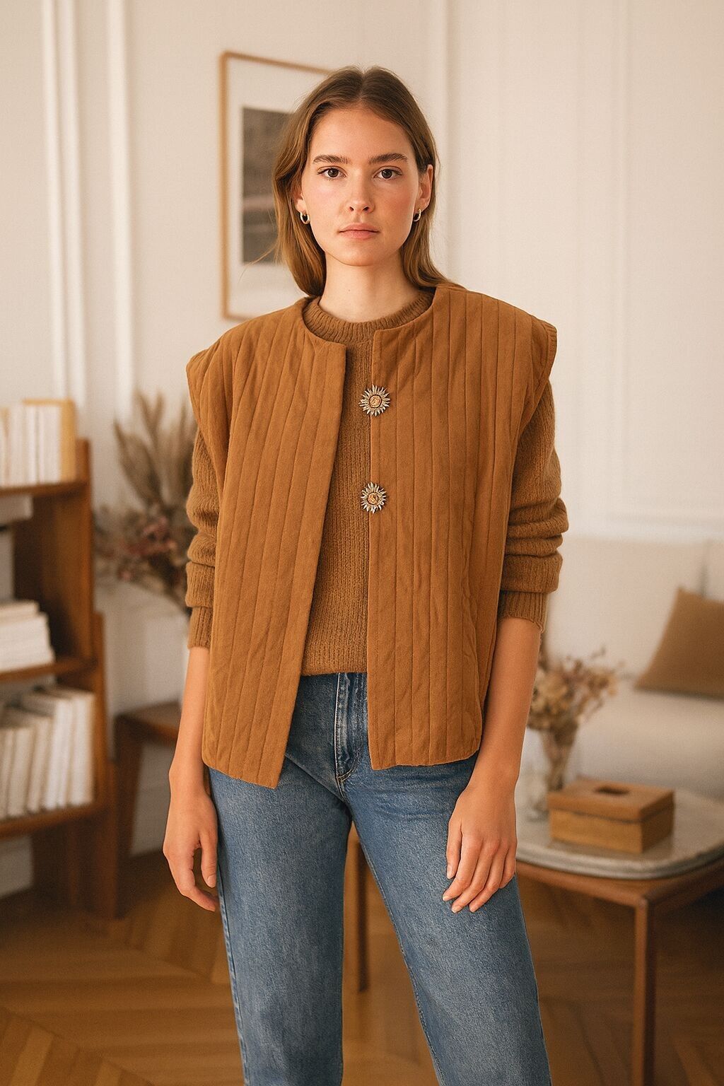 Gilet matelassé in velluto con broches soleil PG2539