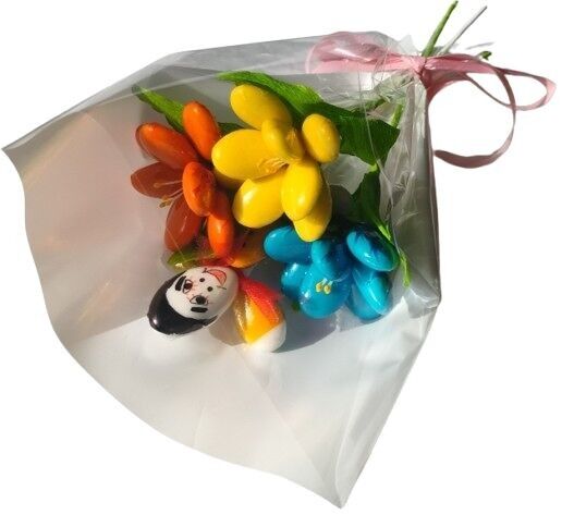 Ramo de mini guiñol y 3 fresias en grageas de chocolate