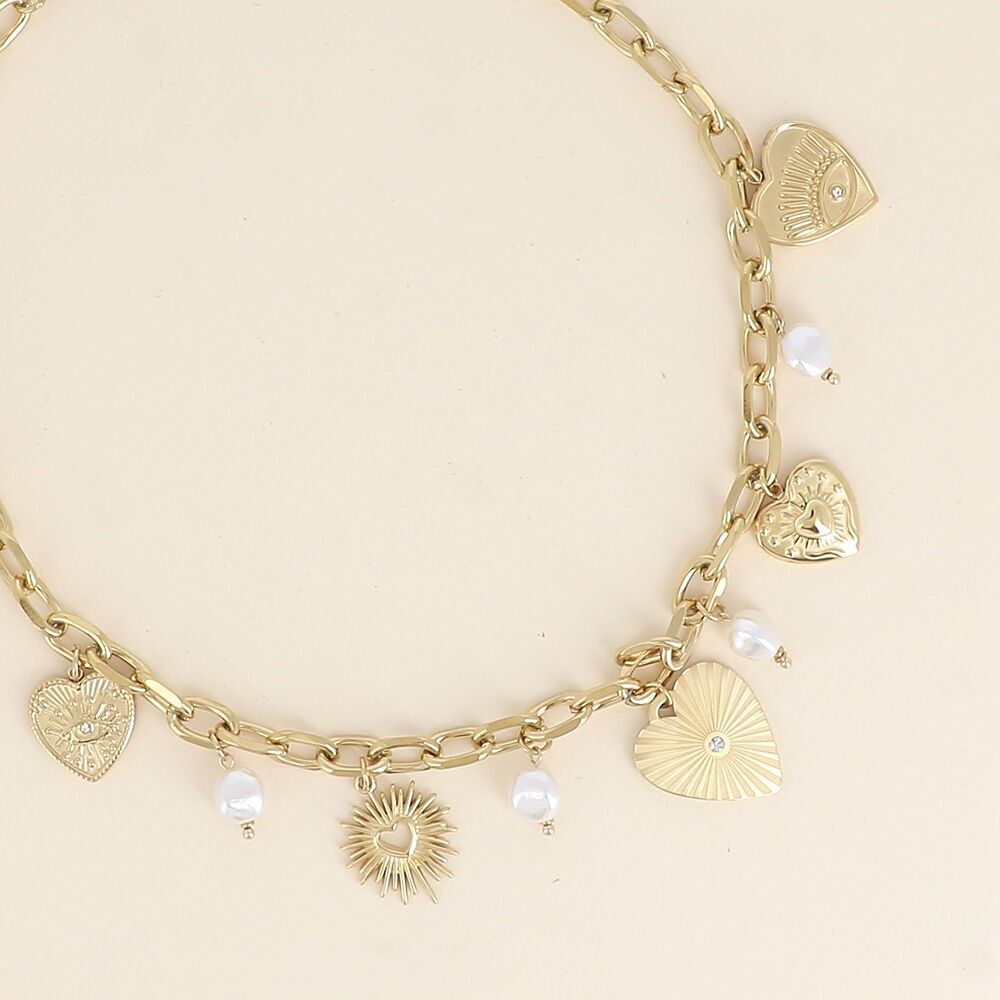 Collar - eslabones ovalados, dijes de corazón, cuentas de resina blanca