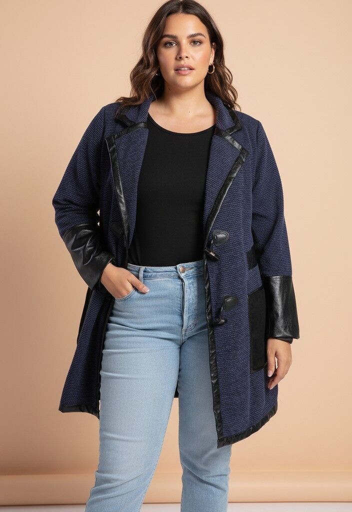 Veste bleu grande taille avec patch similicuir (A563)