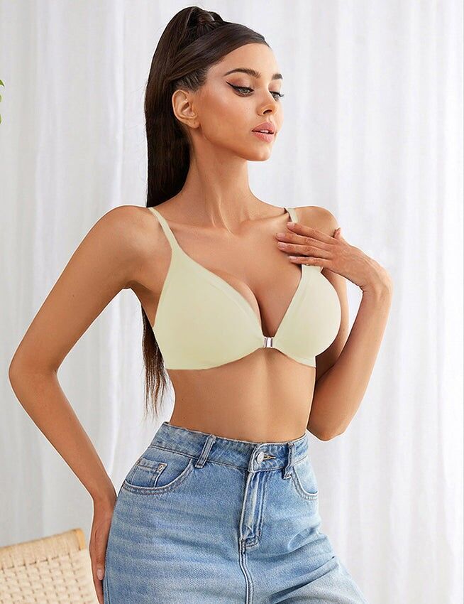 Reggiseno beige senza cuciture, chiusura frontale, coppe removibili, per donna