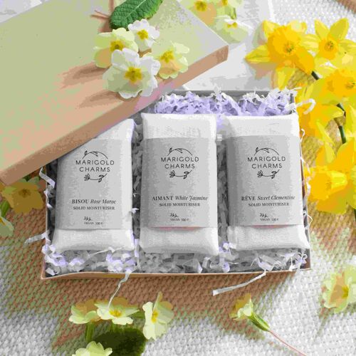 Organic Solid Moisturiser Gift Collection - White Jasmine / Sweet Clementine / Rose Maroc - - Vegetarian (with beeswax)