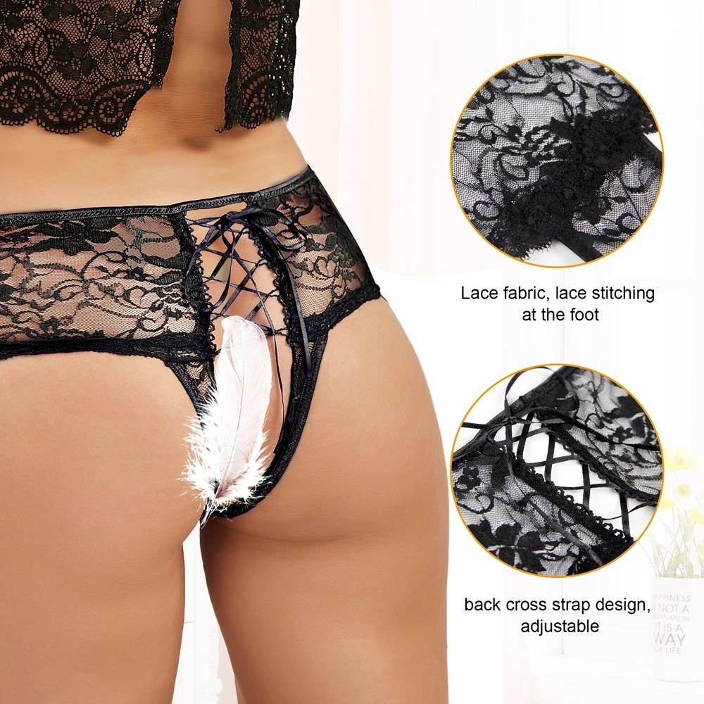 Culotte noire en dentelle florale à entrejambe ouvert