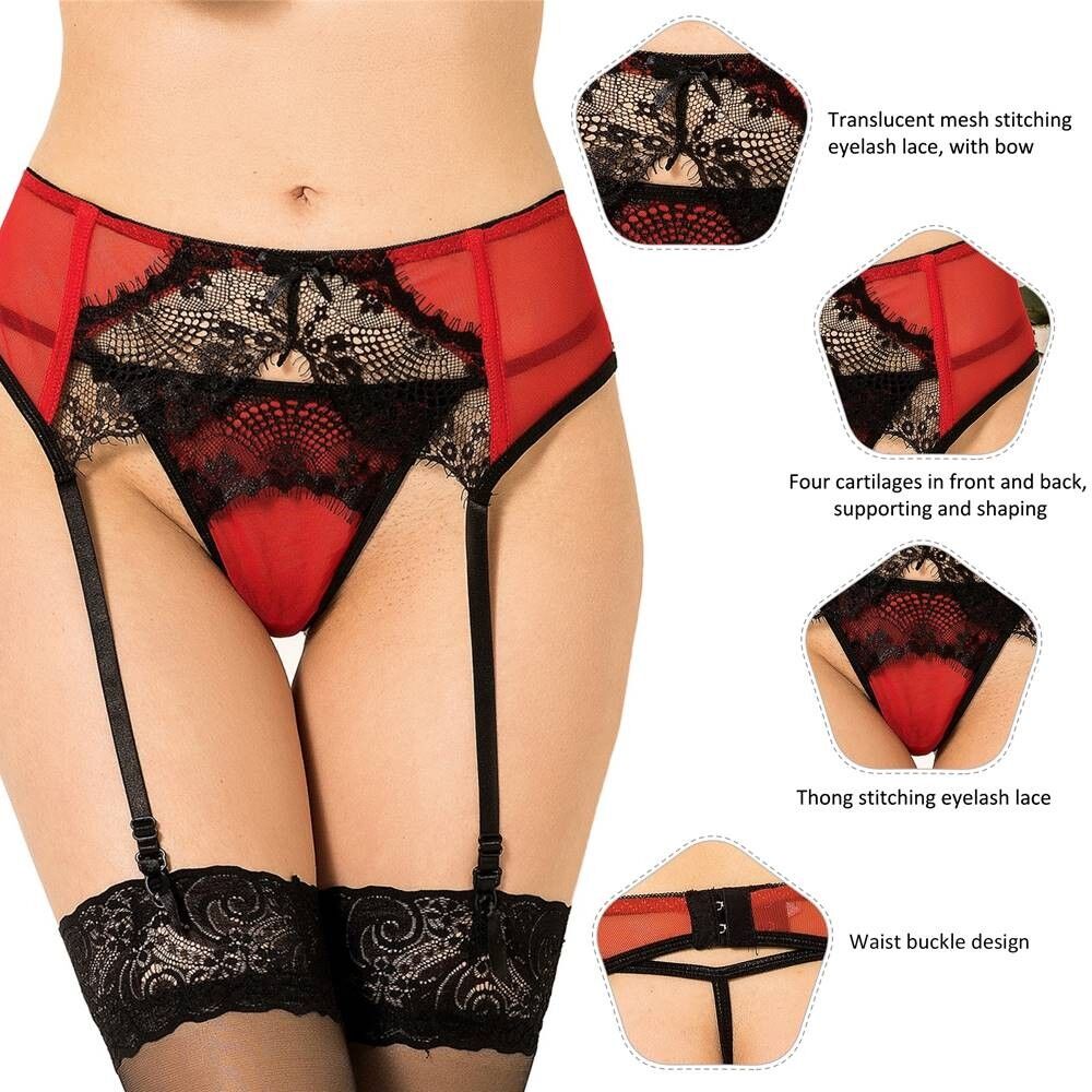 collants porte-jarretelles en dentelle transparente rouge sexy
