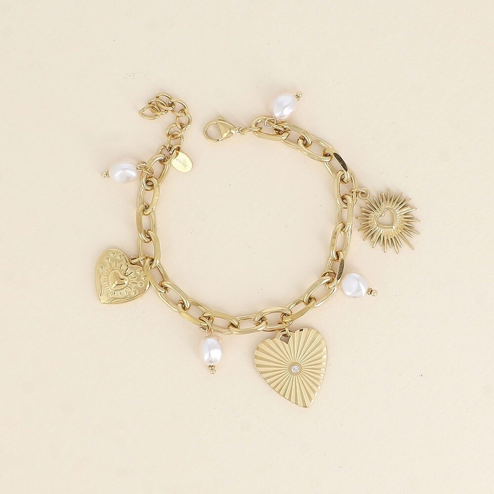 Bracelet - oval links, heart charms, white resin beads