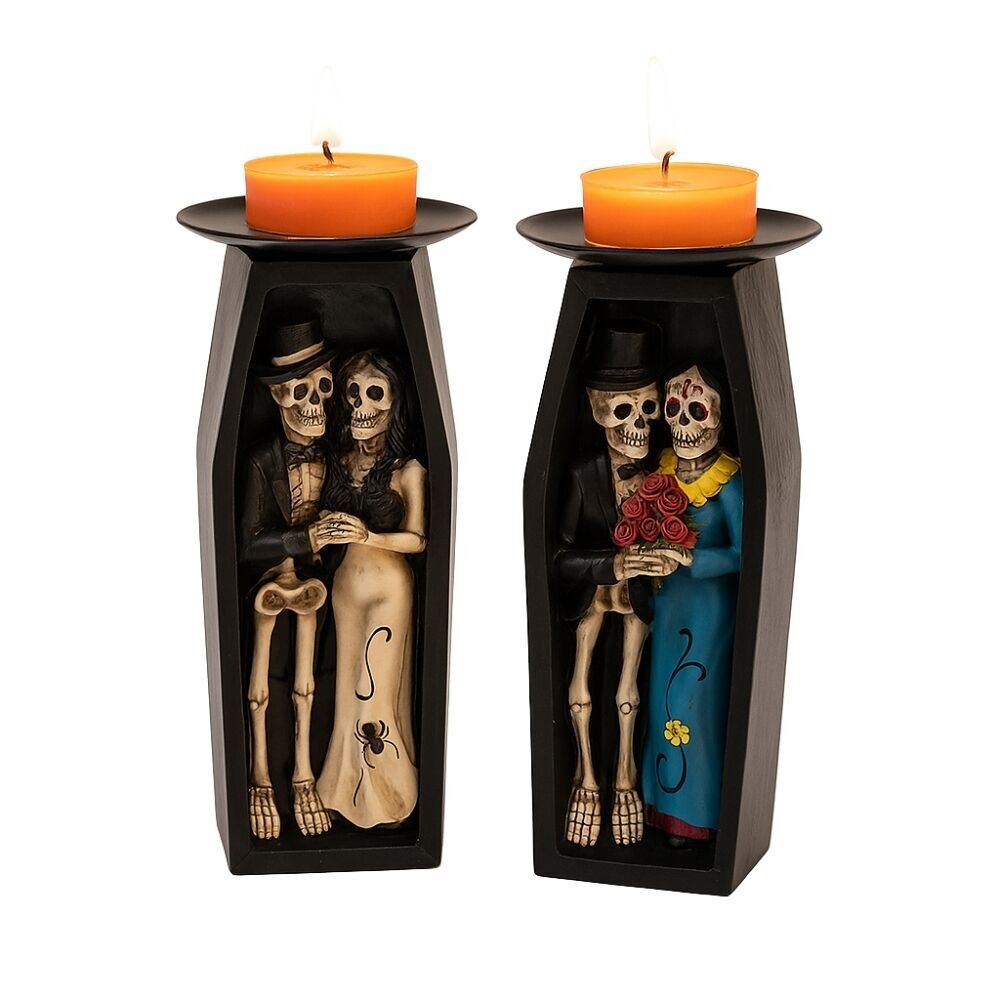 Large Halloween Coffin Candle Holder 18cm with Skeletons Random Color and 9 Tealights
