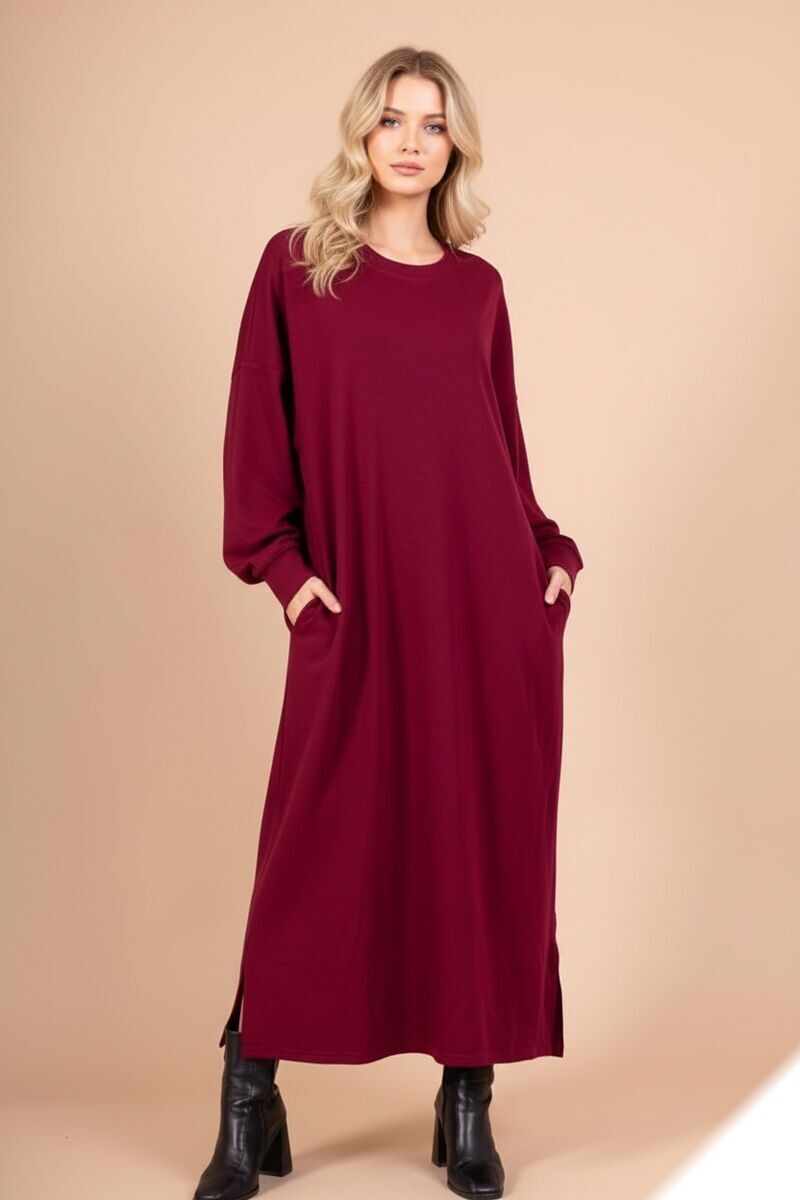 Langes, schlichtes Kleid mit Taschen, angenehm anzufassender Stoff - 2601 - Lusa Mode