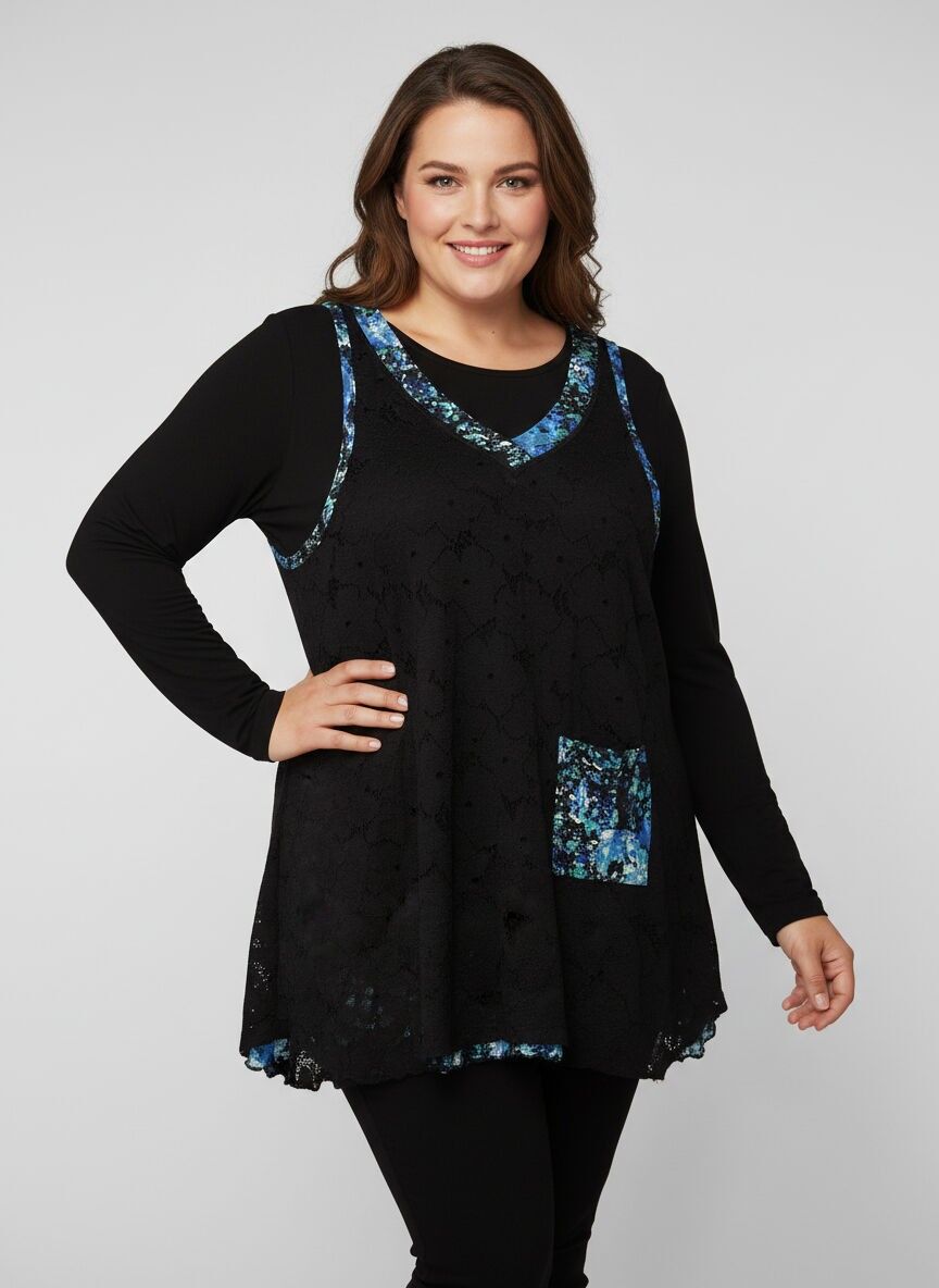 Ensemble sous pull + top dentelle bleu grande taille (A622)