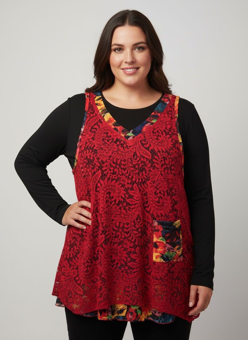Ensemble sous pull + top dentelle rouge grande taille (A622)
