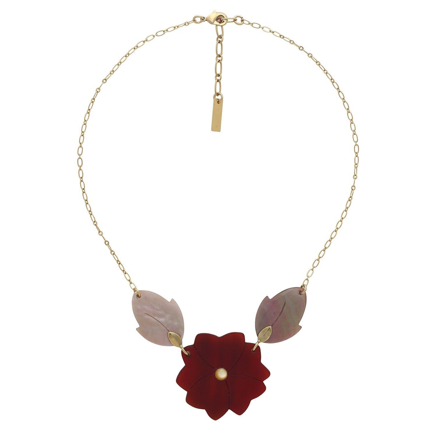 Collana SON JARDIN 3 elementi fiore rosso e foglia madreperla marrone