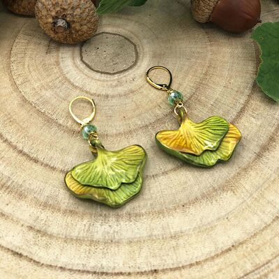 Double green Ginkgo leaf sleeper earrings