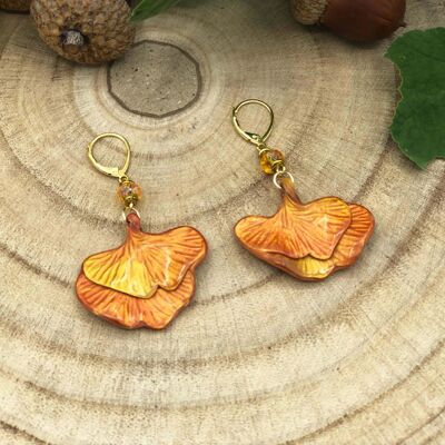 Orange Ginkgo double leaf sleeper earrings