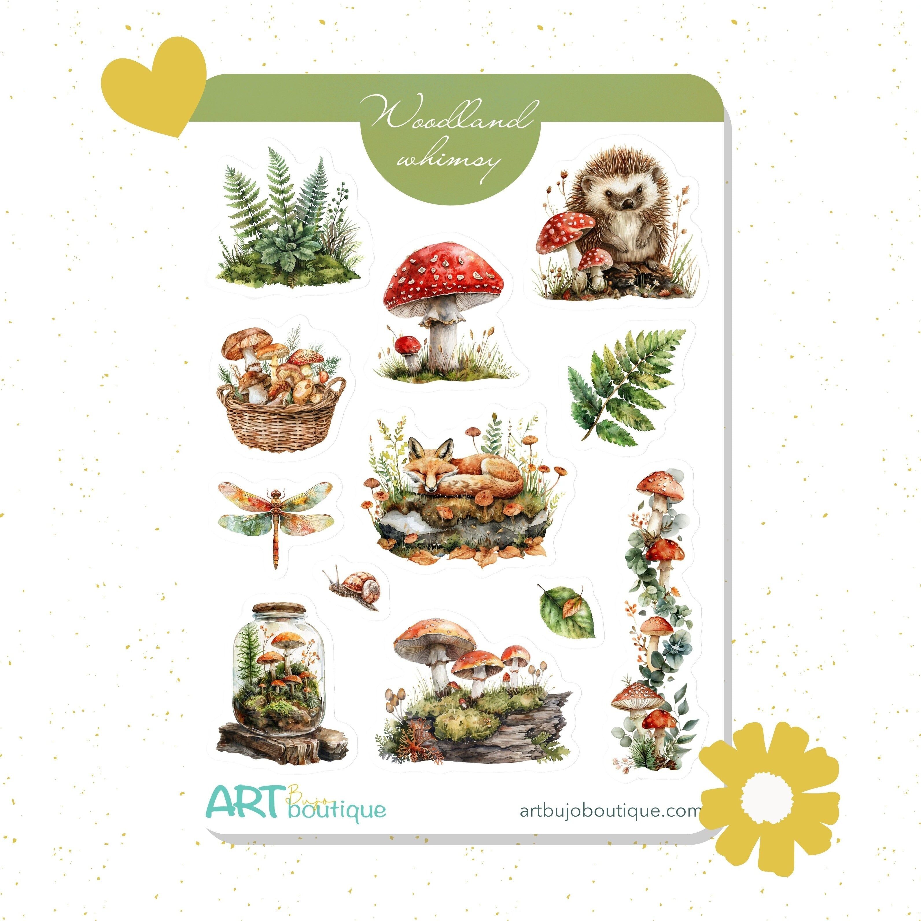 Lámina de pegatinas decorativas de fantasía forestal | Ilustraciones de setas y bosques