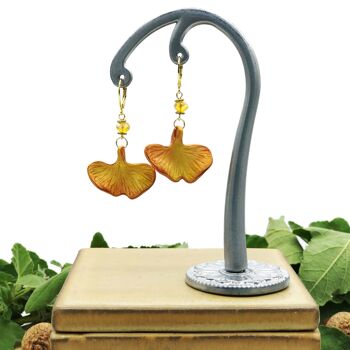 Boucles d'oreilles dormeuse feuille simple Ginkgo orange 2