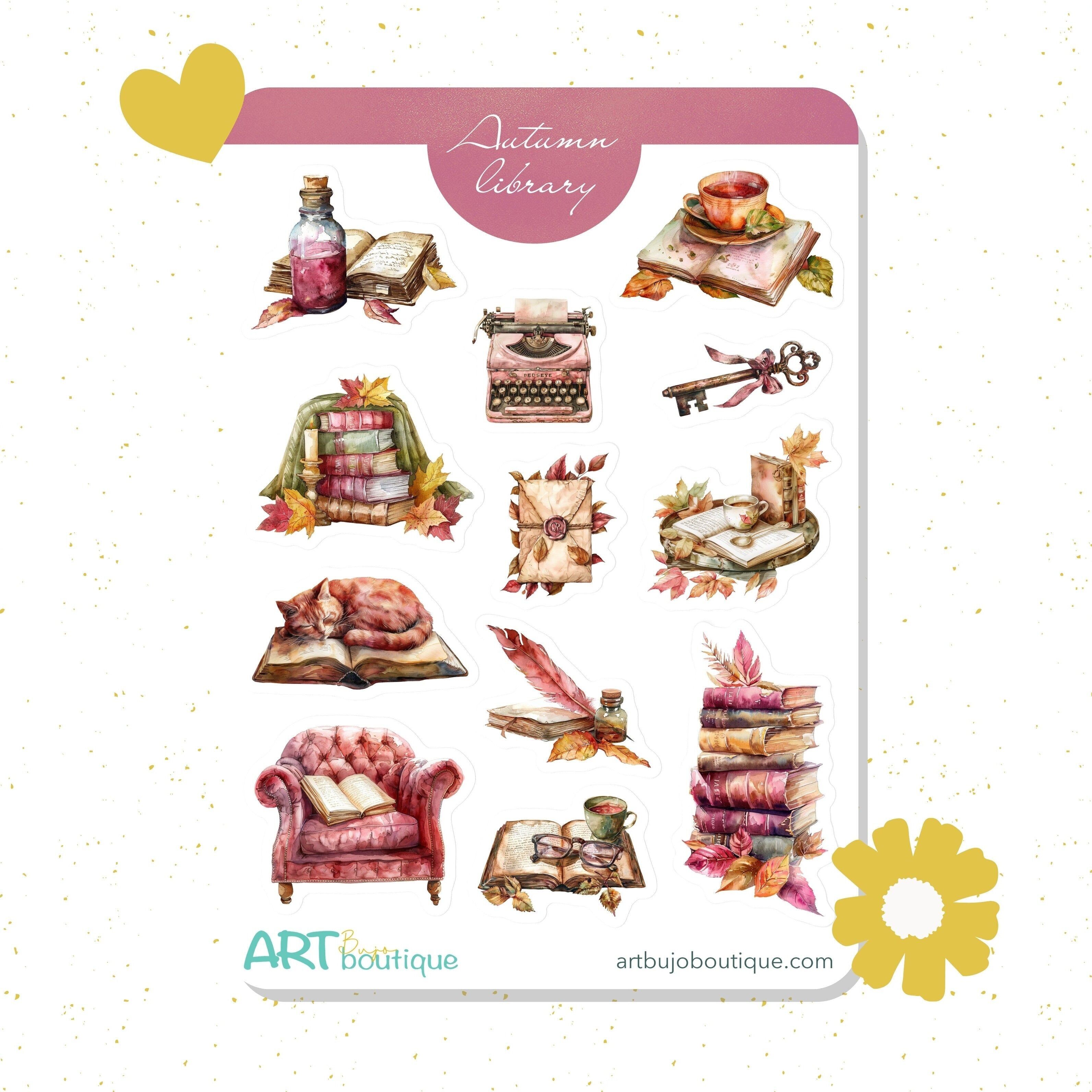 Hoja de pegatinas decorativas de la Biblioteca de Otoño | Papelería Cozy Book Lover
