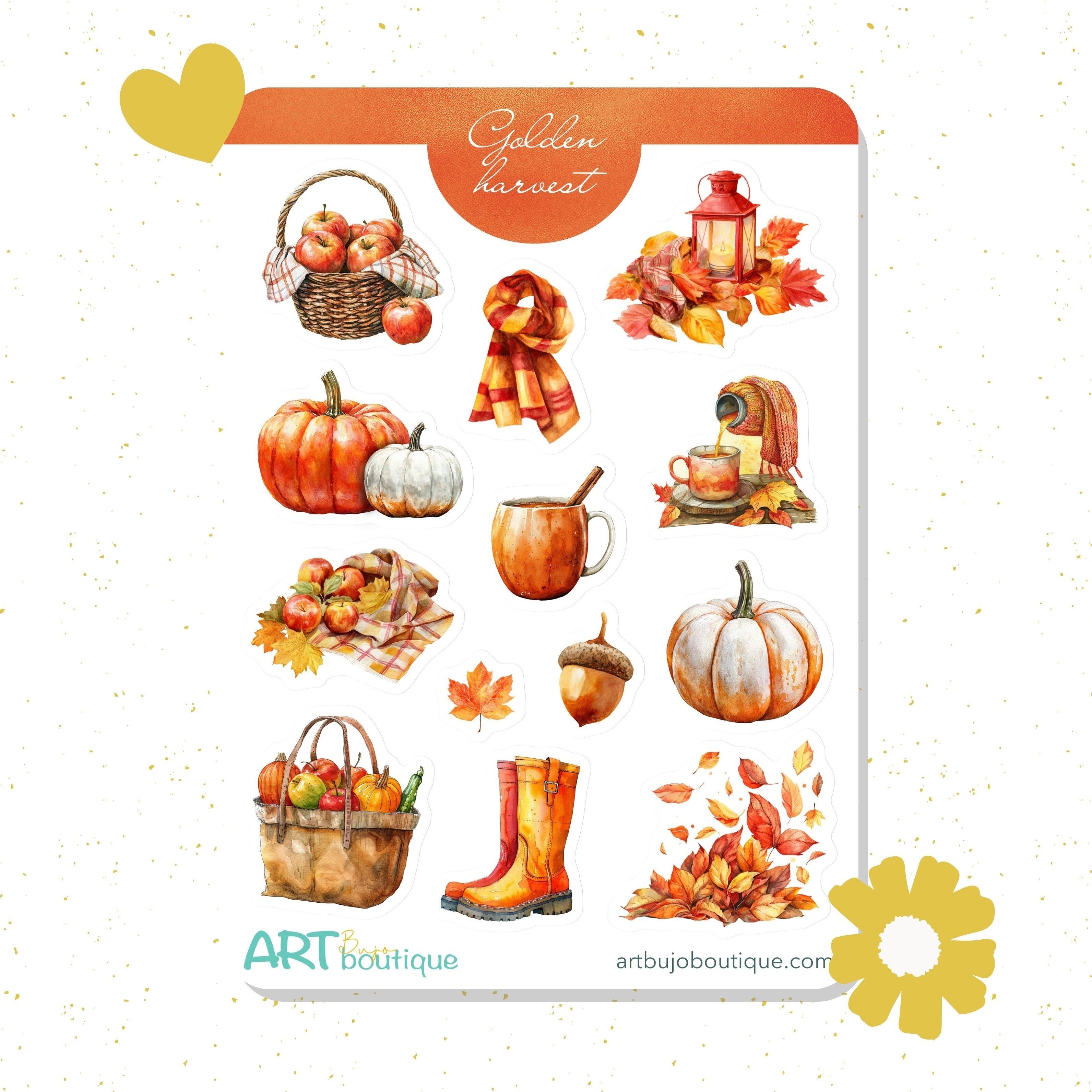 Lámina de pegatinas decorativas Golden Harvest | Calabazas, hojas y arte otoñal acogedor