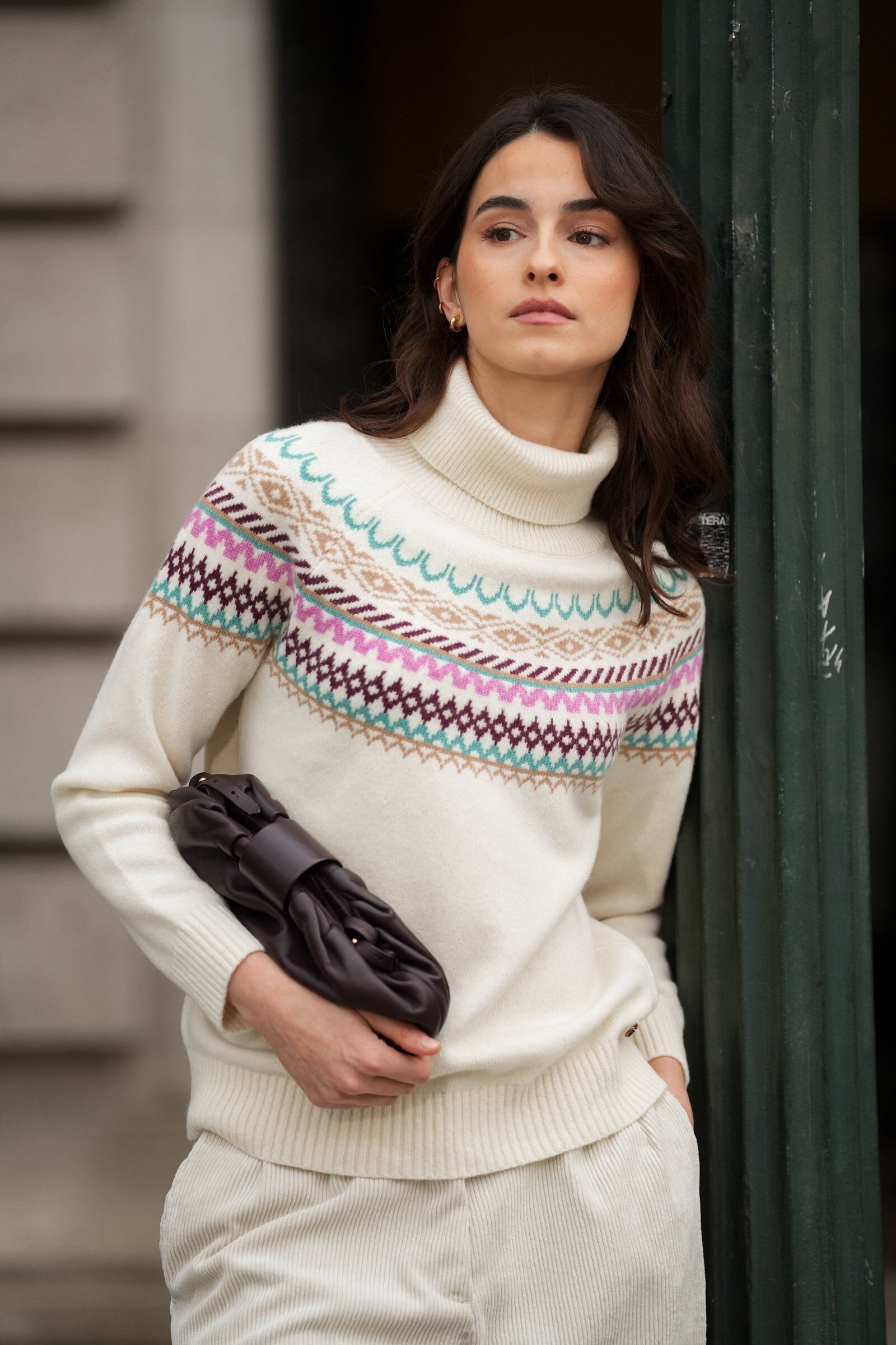 Camisola Bege con Padrão Jacquard Multicolor