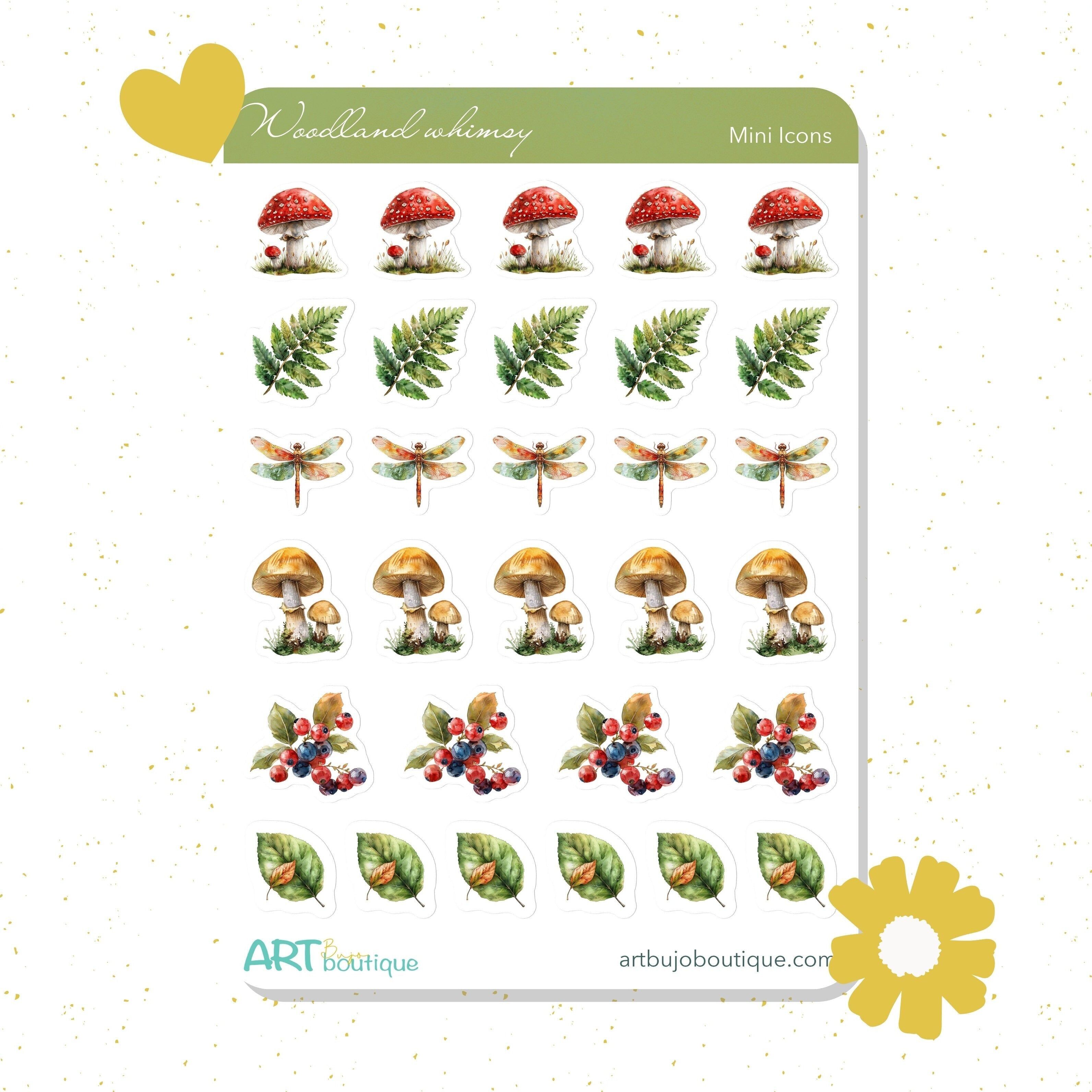 Pegatinas mini con iconos de fantasía del bosque | Setas diminutas y detalles del bosque