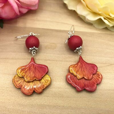 Double red Ginkgo leaf hook earrings