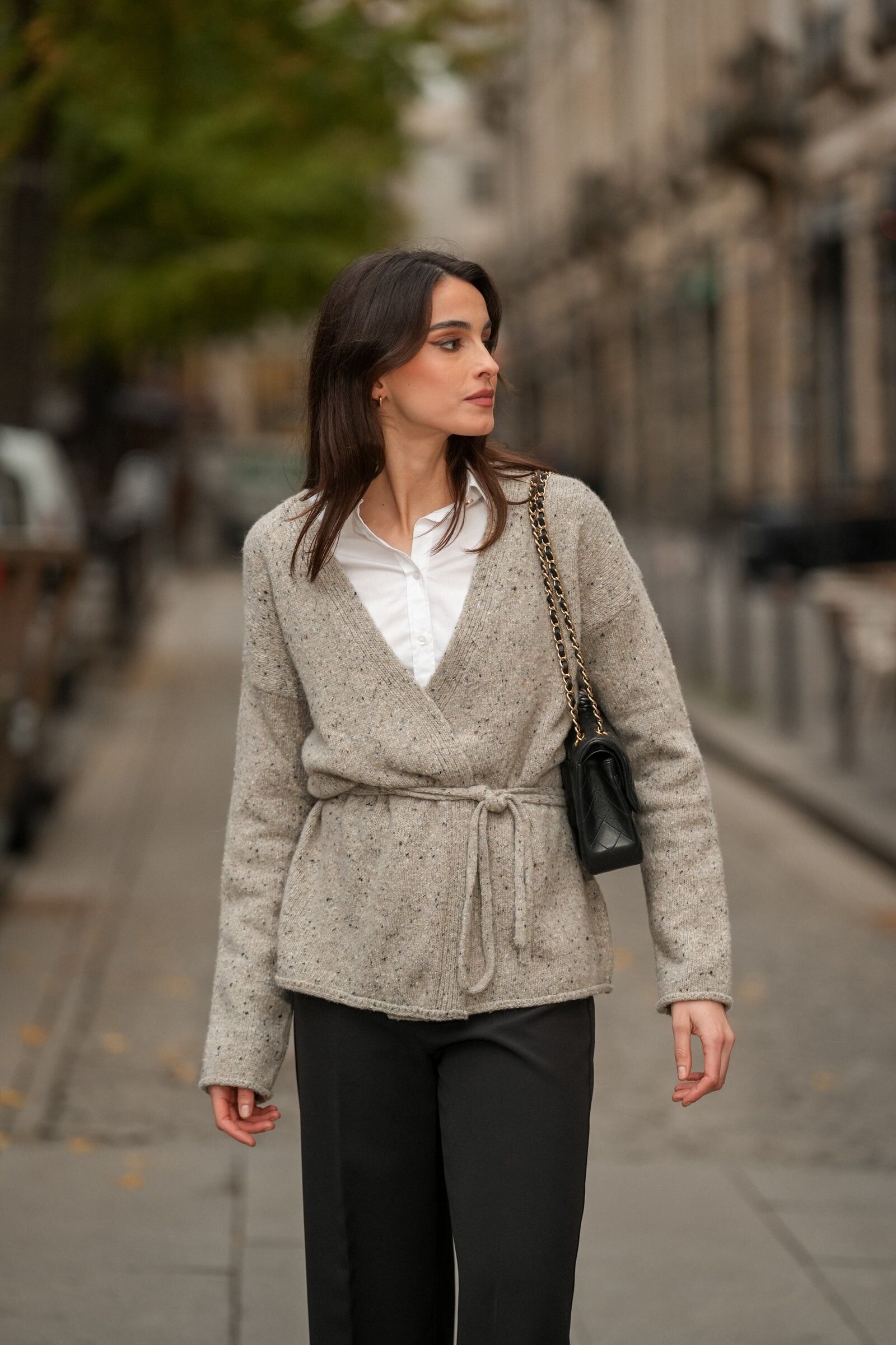 Casaco in Malha Mescla con Cinto