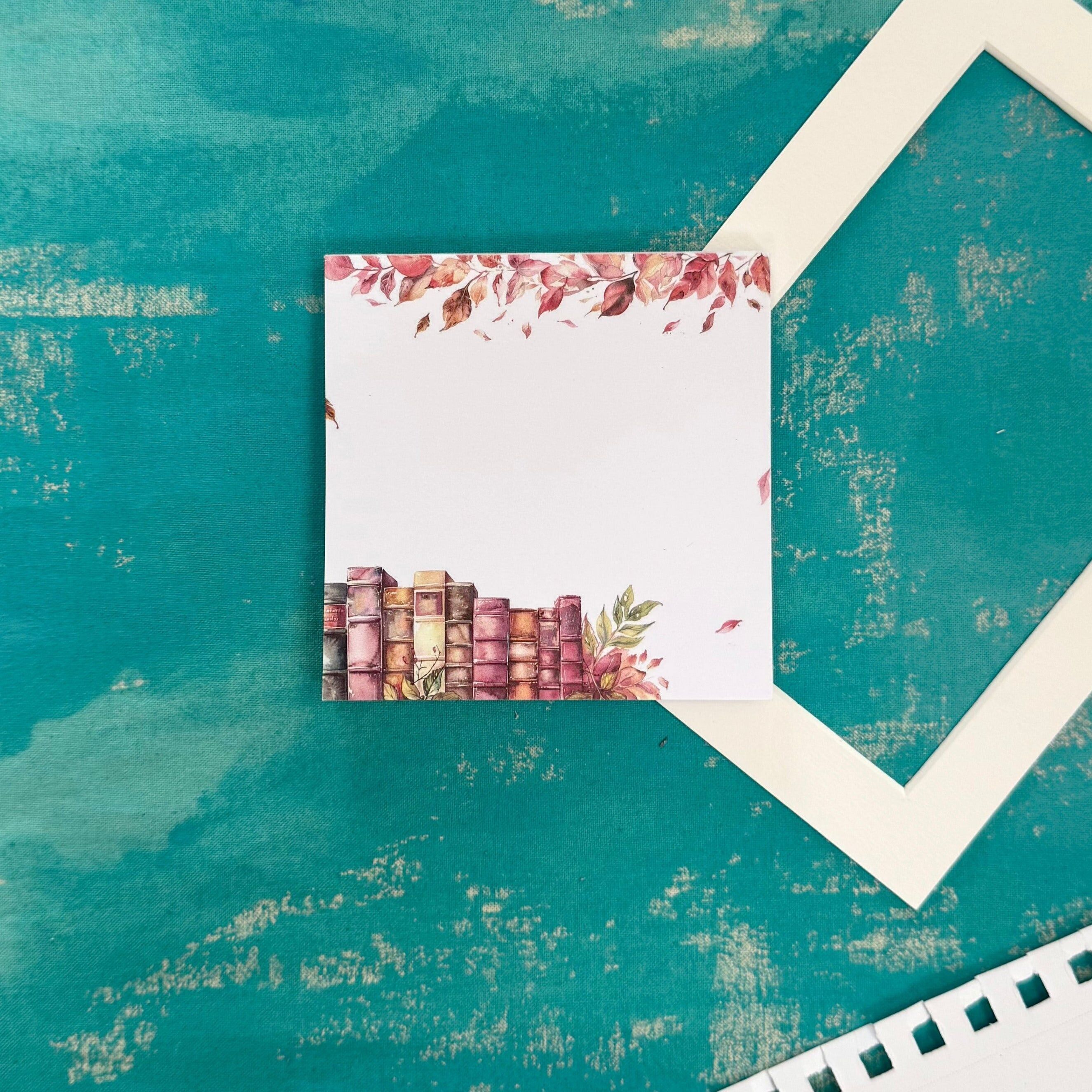 Bloc de notas cuadrado de la Biblioteca de Otoño – 10 x 10 cm, papelería acogedora de otoño