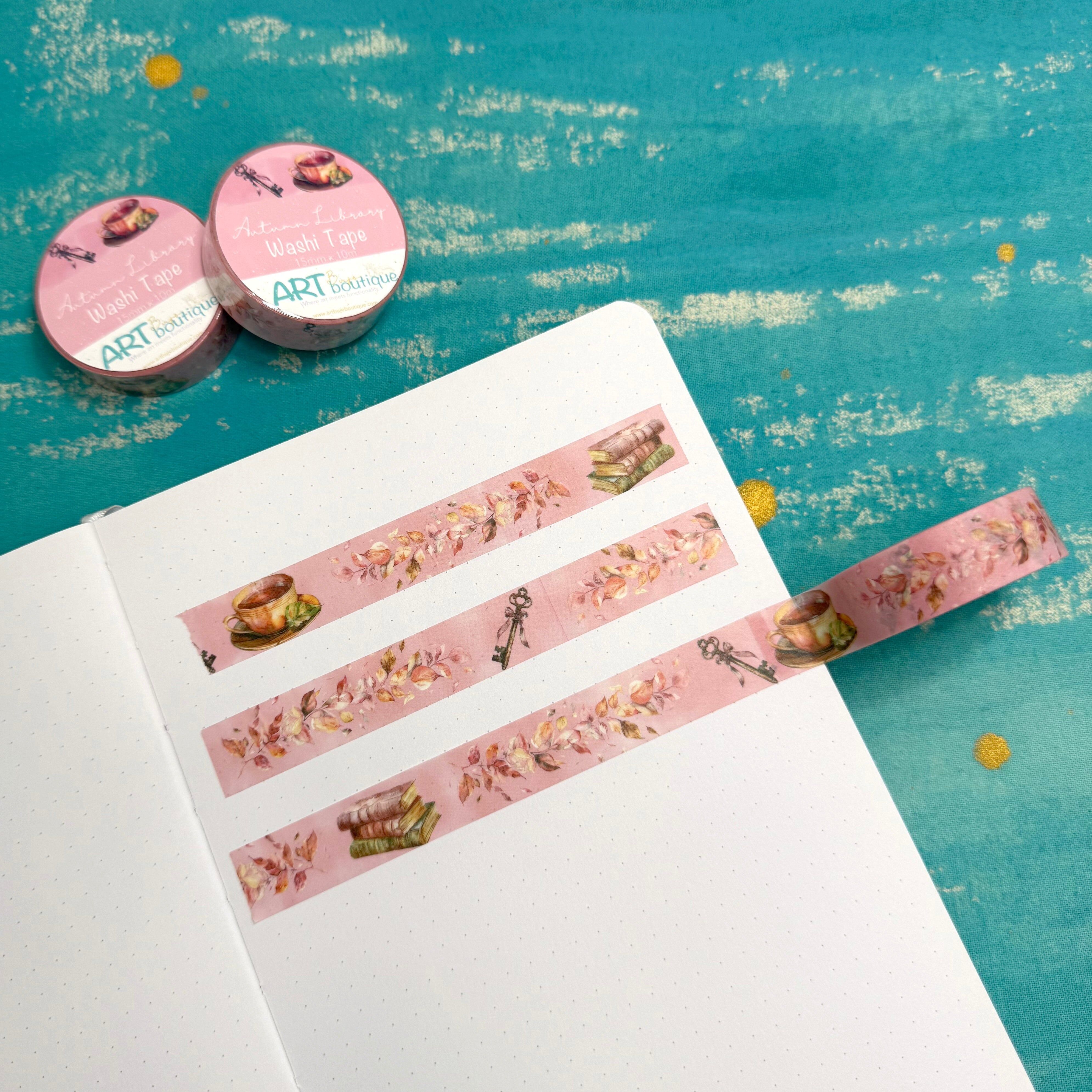 Autumn Library Pink Washi Tape – 15mm Cozy Fall Decorative Tape