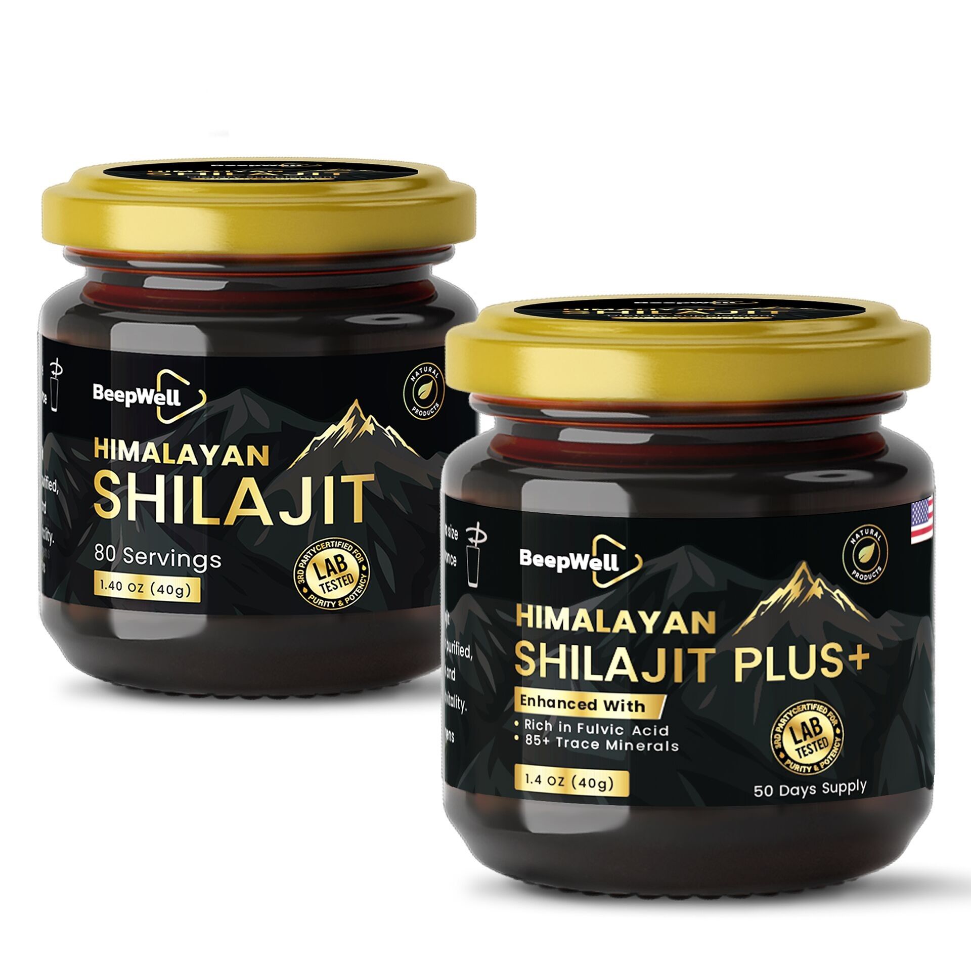 Paquete combinado de resina de shilajit BeepWell: Original (80 porciones) + Resina Plus con ashwagandha (50 porciones) – 2 frascos de 40 g