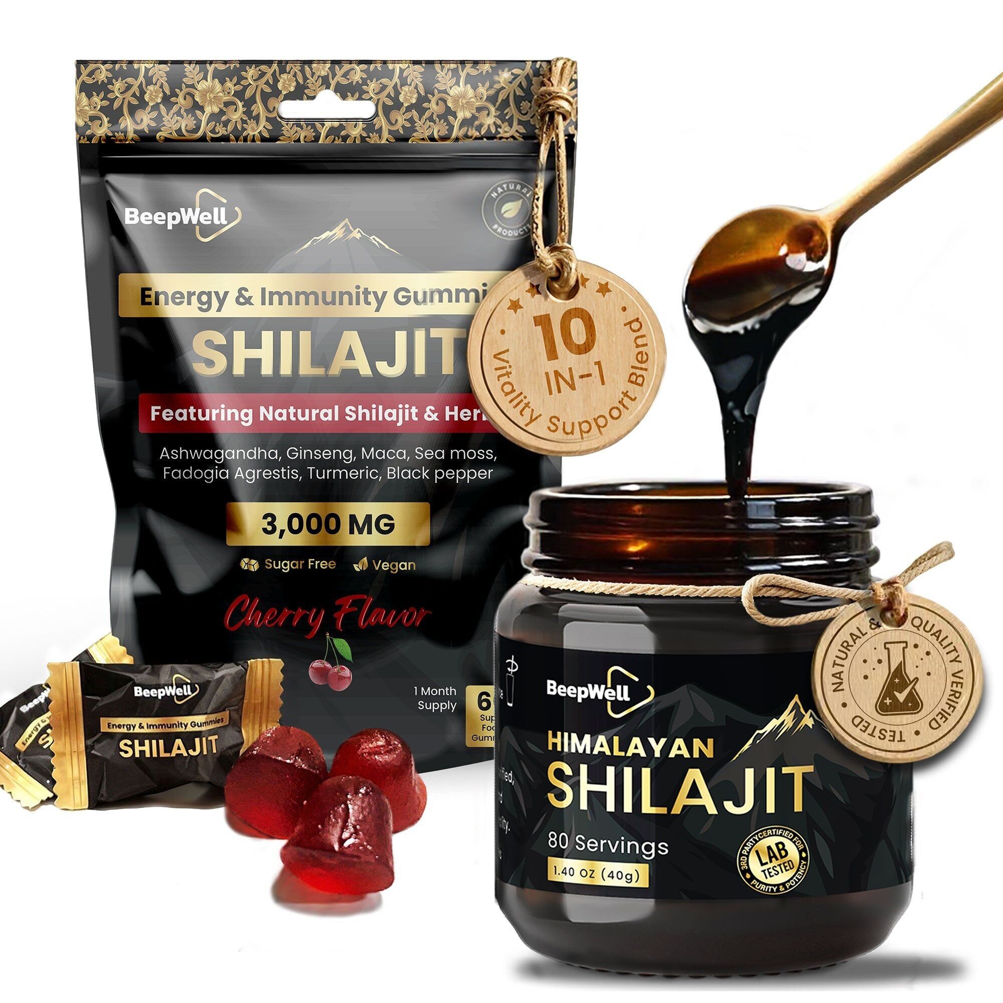 Combo de Shilajit BeepWell: Resina (80 porciones) + Gomitas con Ashwagandha (60 unidades) - Vegano, sin azúcar añadido