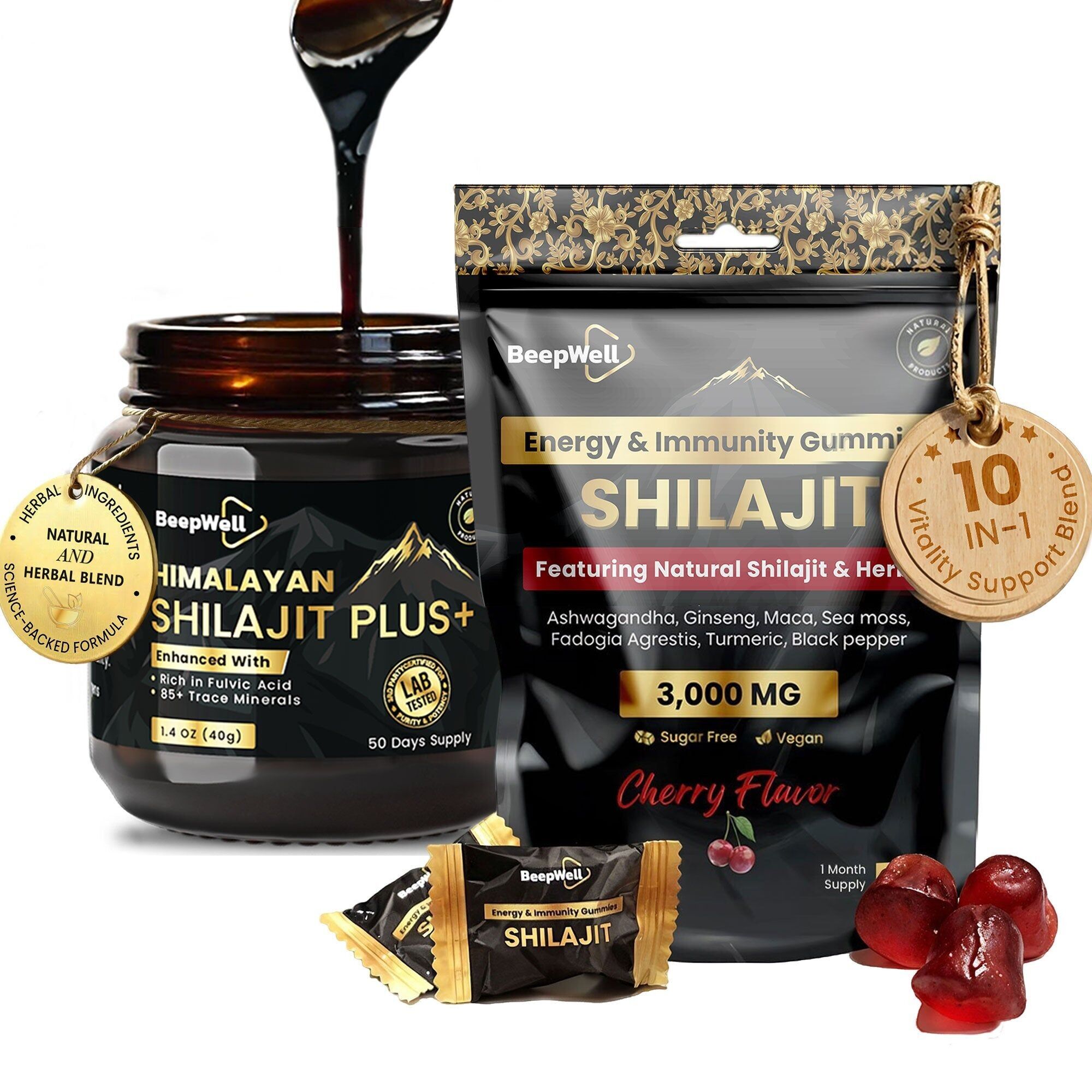 Combo de resina y gomitas de shilajit BeepWell: ácido fúlvico y mezcla ayurvédica. 50 g de resina (50 raciones) y 60 gomitas. Para hombres y mujeres.