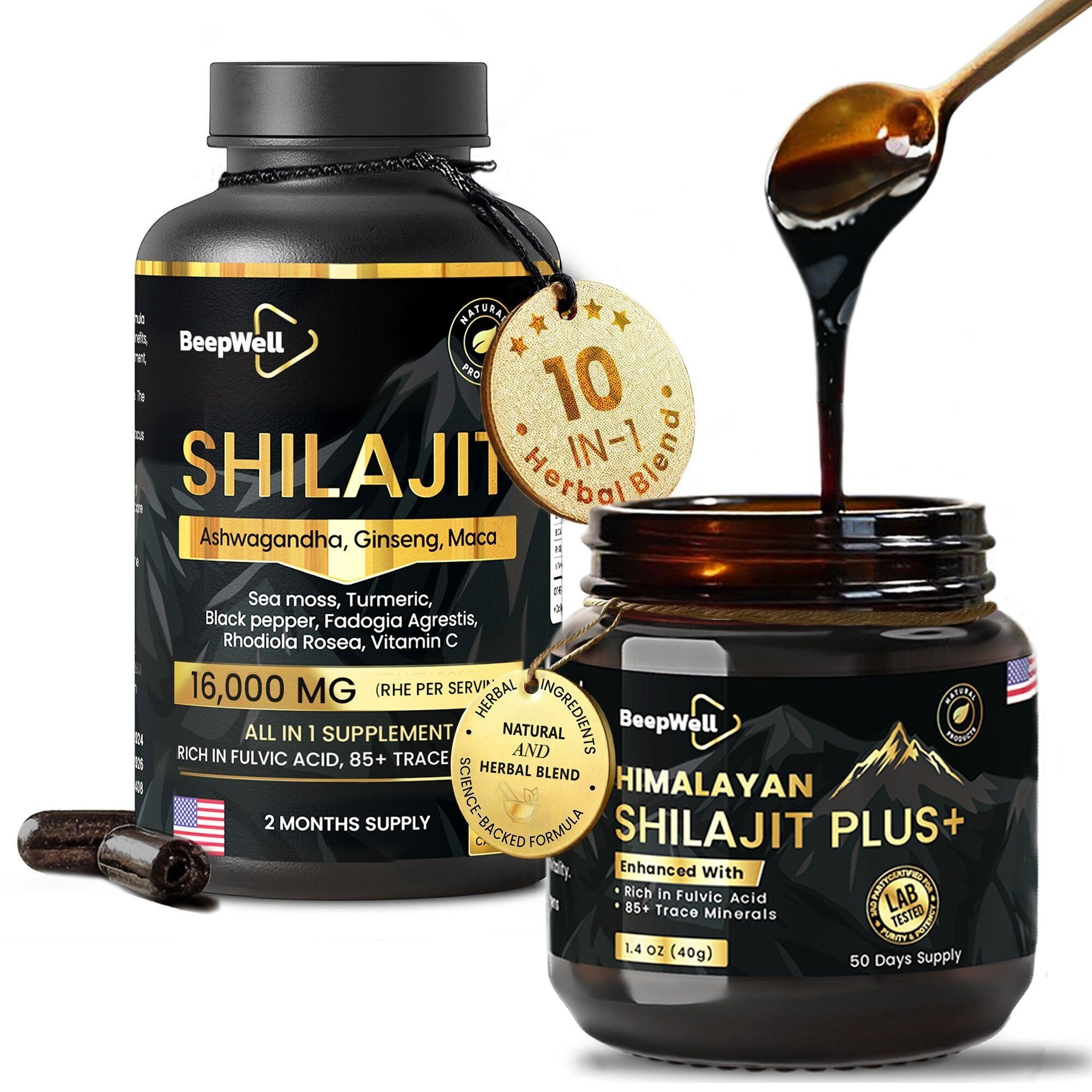 Paquete de resina y cápsulas de shilajit BeepWell: resina del Himalaya con ácido fúlvico + cápsulas herbales de 16 000 mg (50 g de resina y 60 cápsulas veganas para una vitalidad diaria).