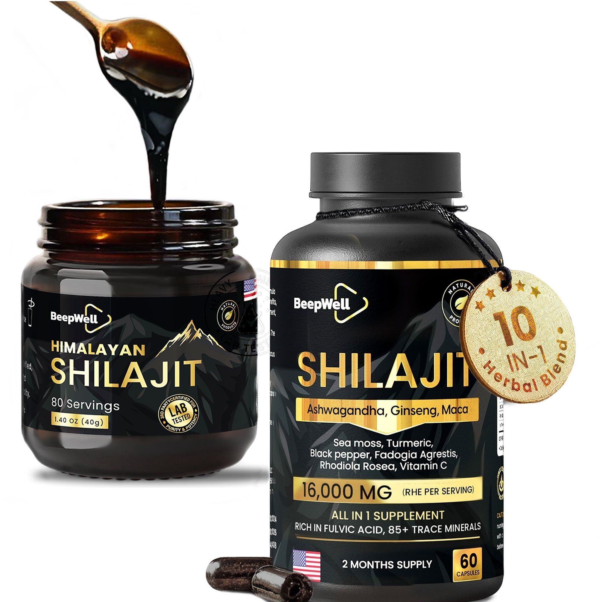 Combo de resina de shilajit BeepWell + cápsulas: resina del Himalaya (80 porciones) + cápsulas con ashwagandha y musgo marino (60 unidades)